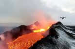Drone Flies Over an Erupting Volcano with Lava