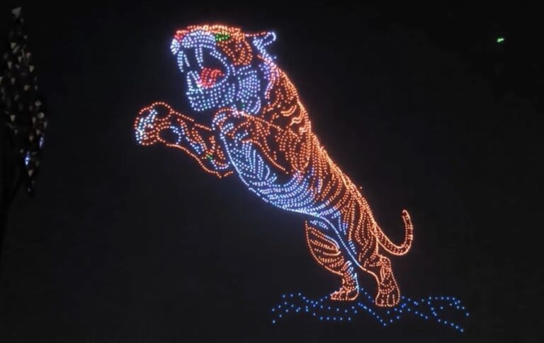Guinness World Records drone light show with 2,983 drones at Mysuru Dasara festival Description: A record-setting drone light show in Karnataka, India, featuring a tiger image formed with 2,983 drones.