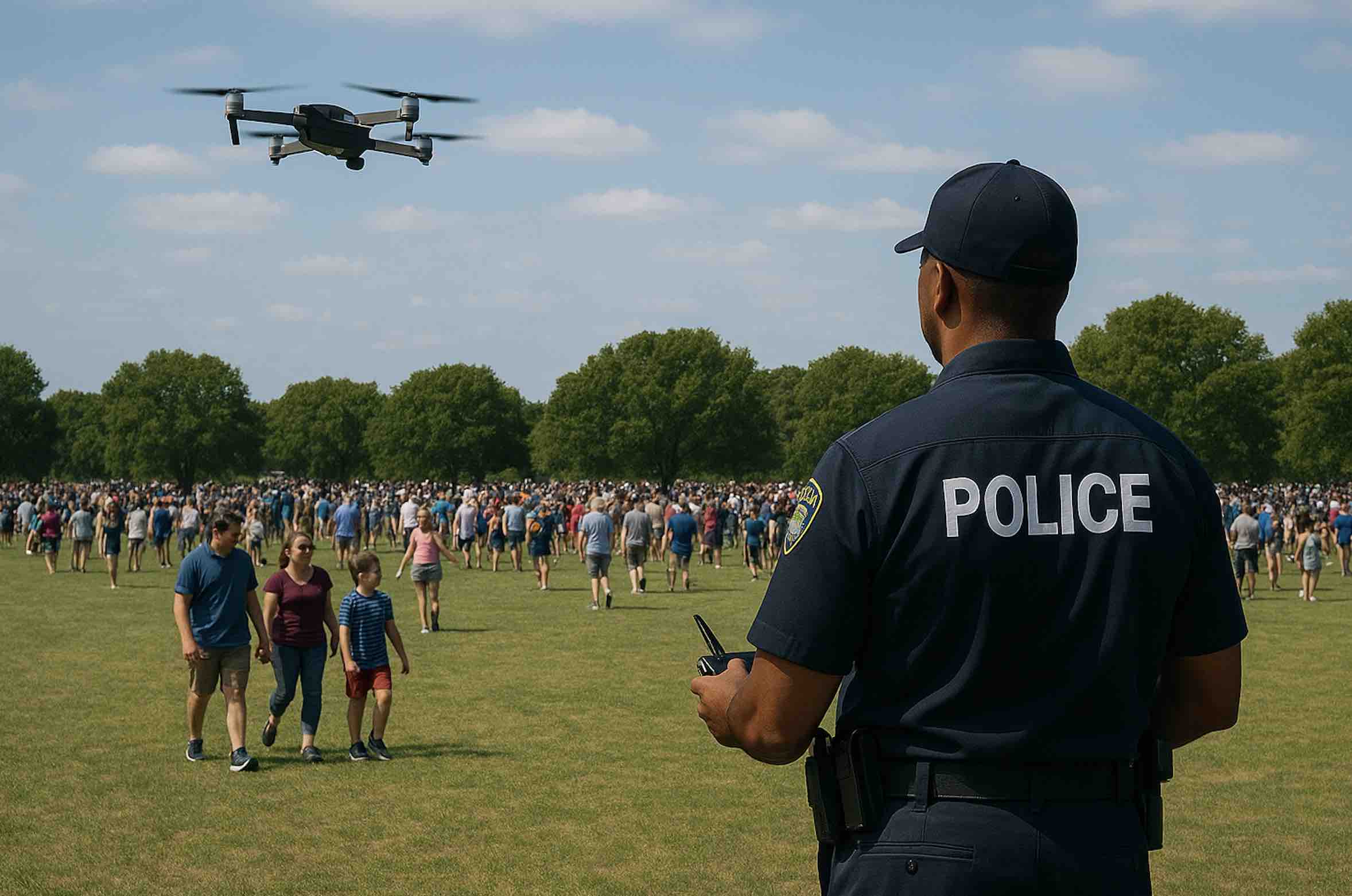 Police officer operating a drone to monitor a large crowd at a public event for security purposes.