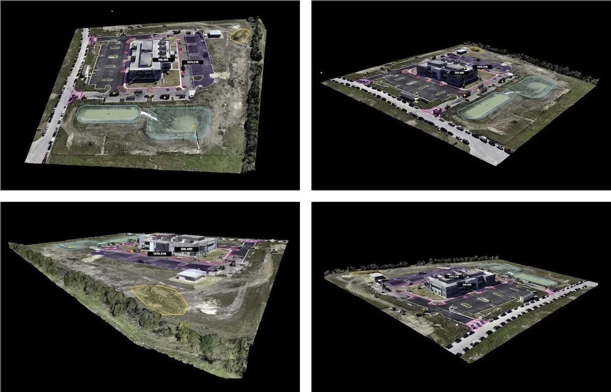 3D facade model included in data capture combo package showing building digital twin and measurement overlays