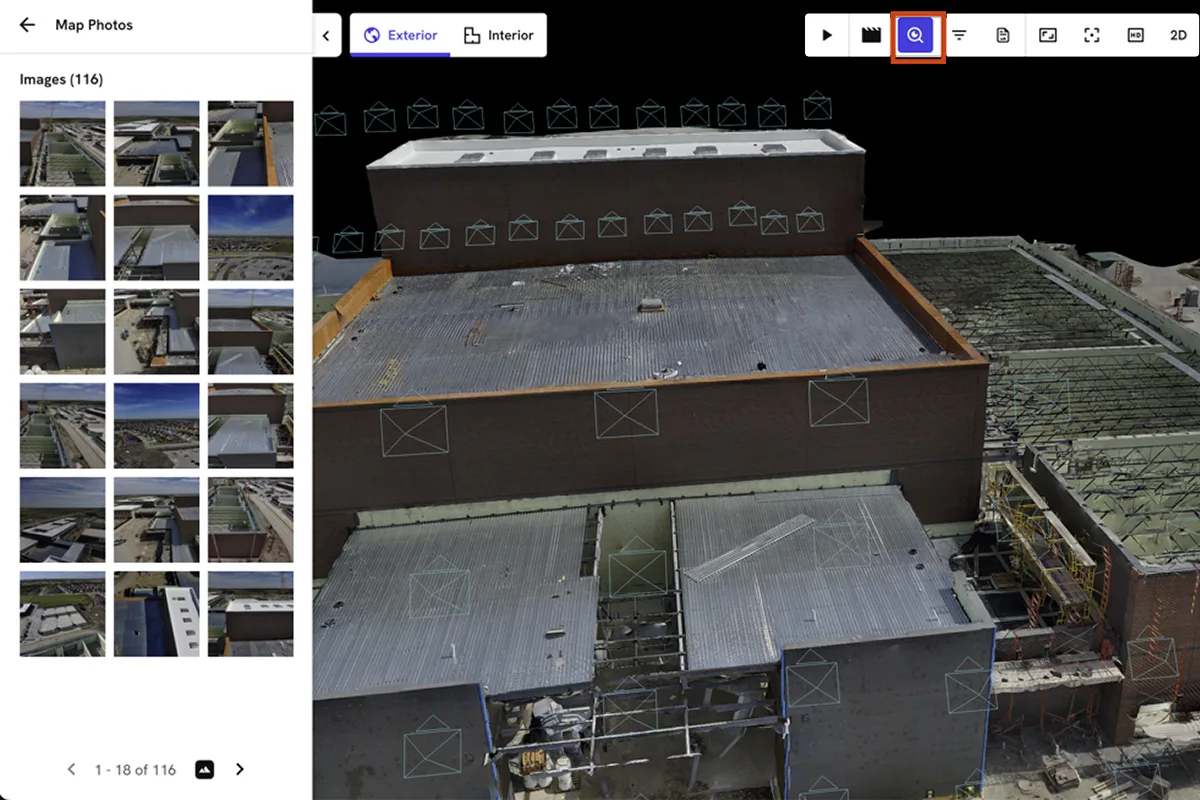 Drone 3D facade model interface showing image gallery and inspection view options