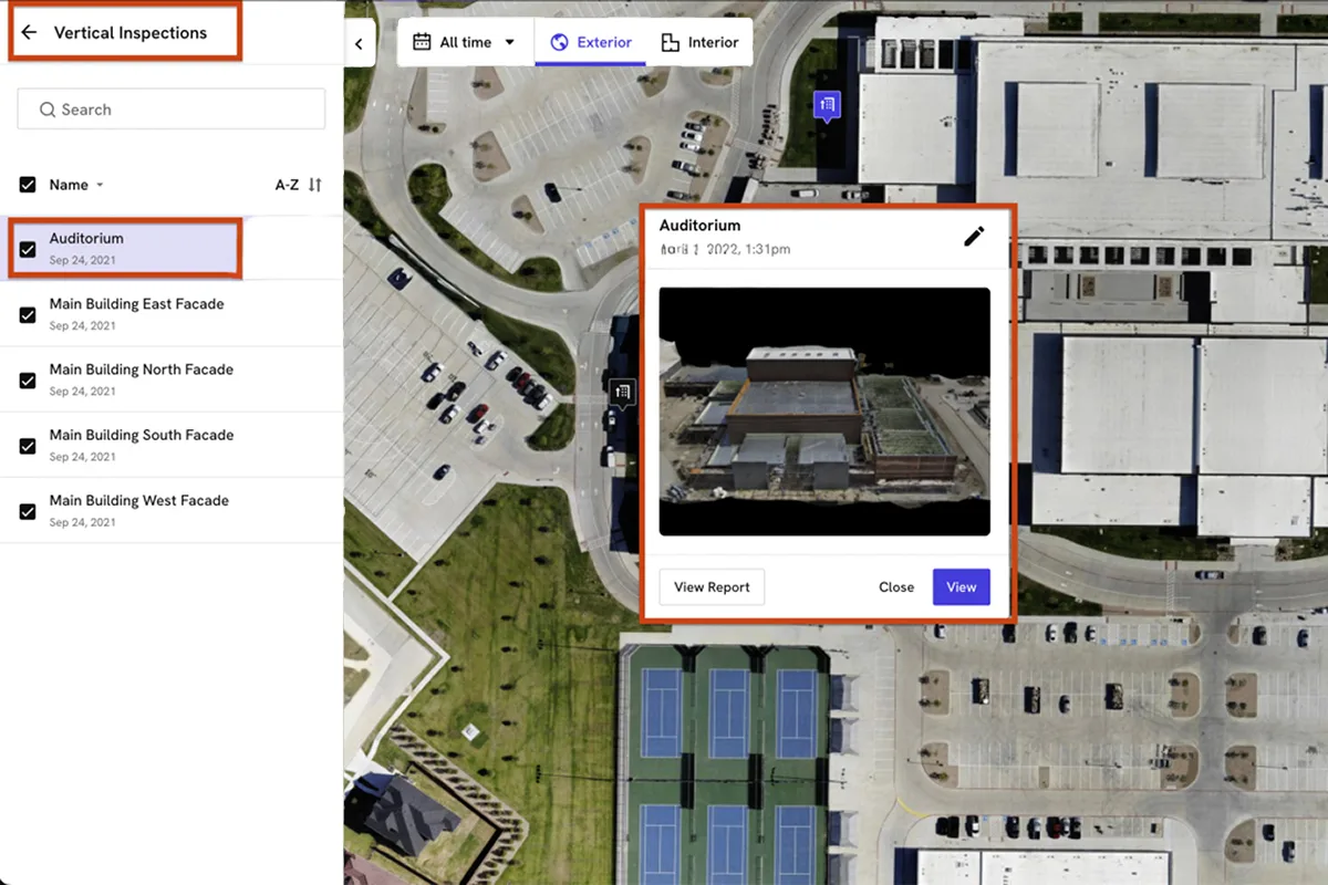 Drone 3D facade inspection popup view showing inspection media and point details