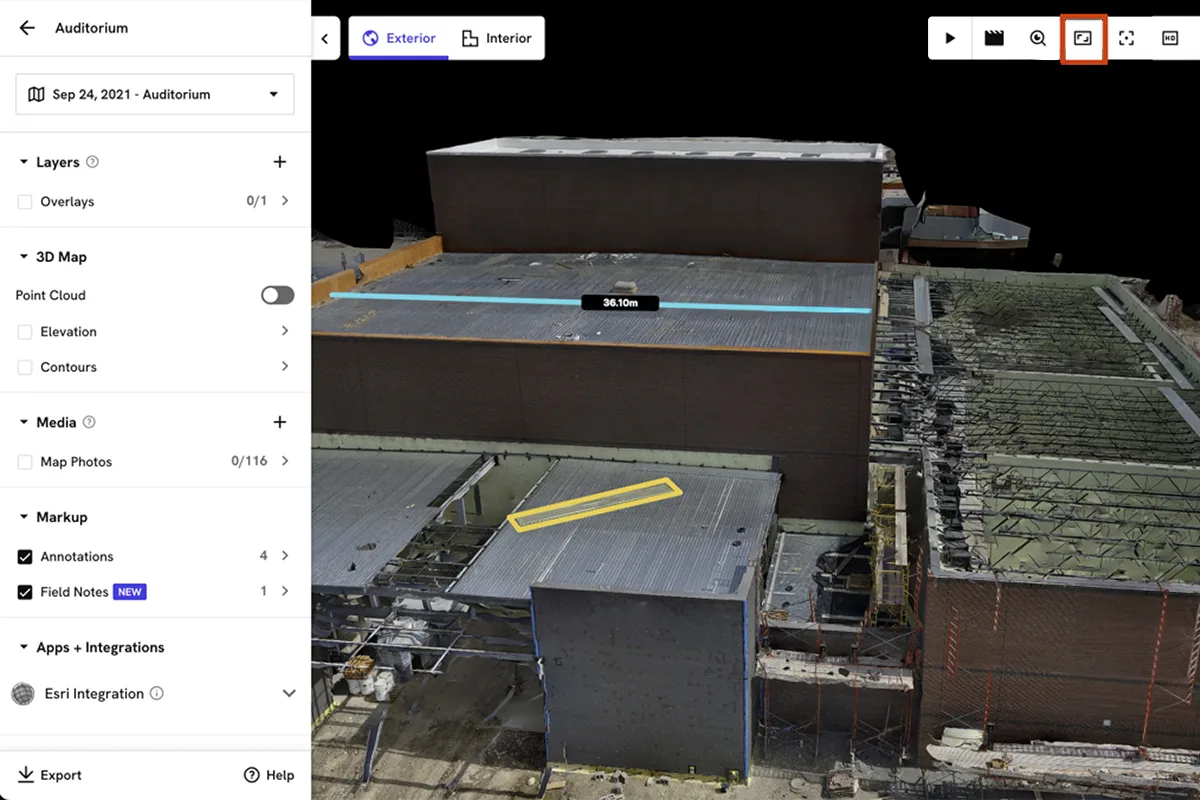 Drone 3D facade model with measurement tools for reviewing building elevations and distances