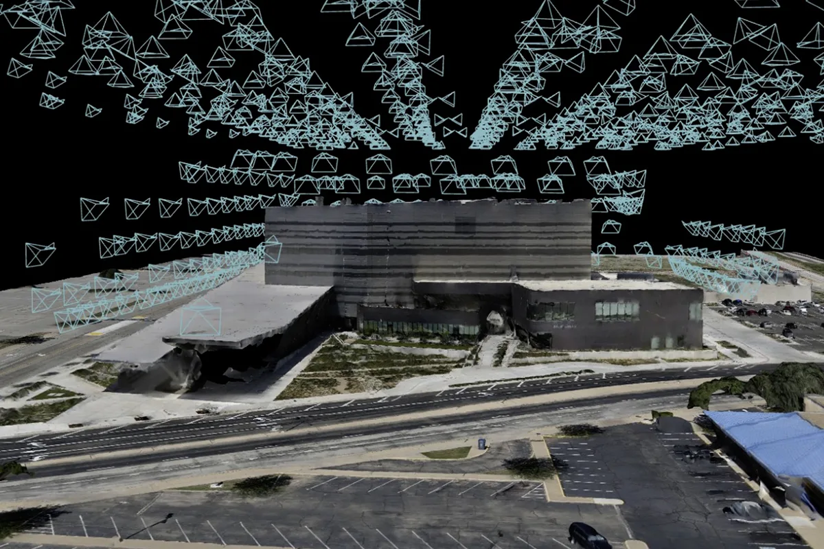 Drone 3D facade model showing a building overview for remote inspection and digital twin documentation