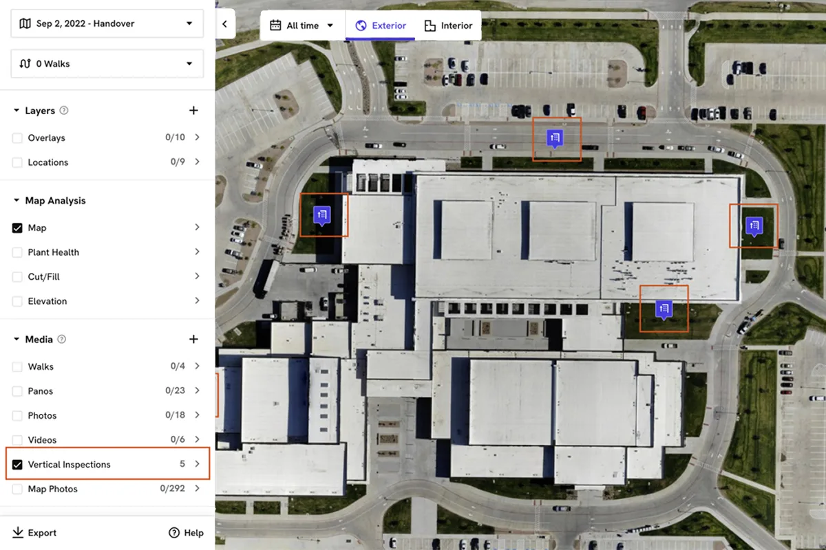 Virtual inspection map interface showing inspection points on a drone 3D facade model