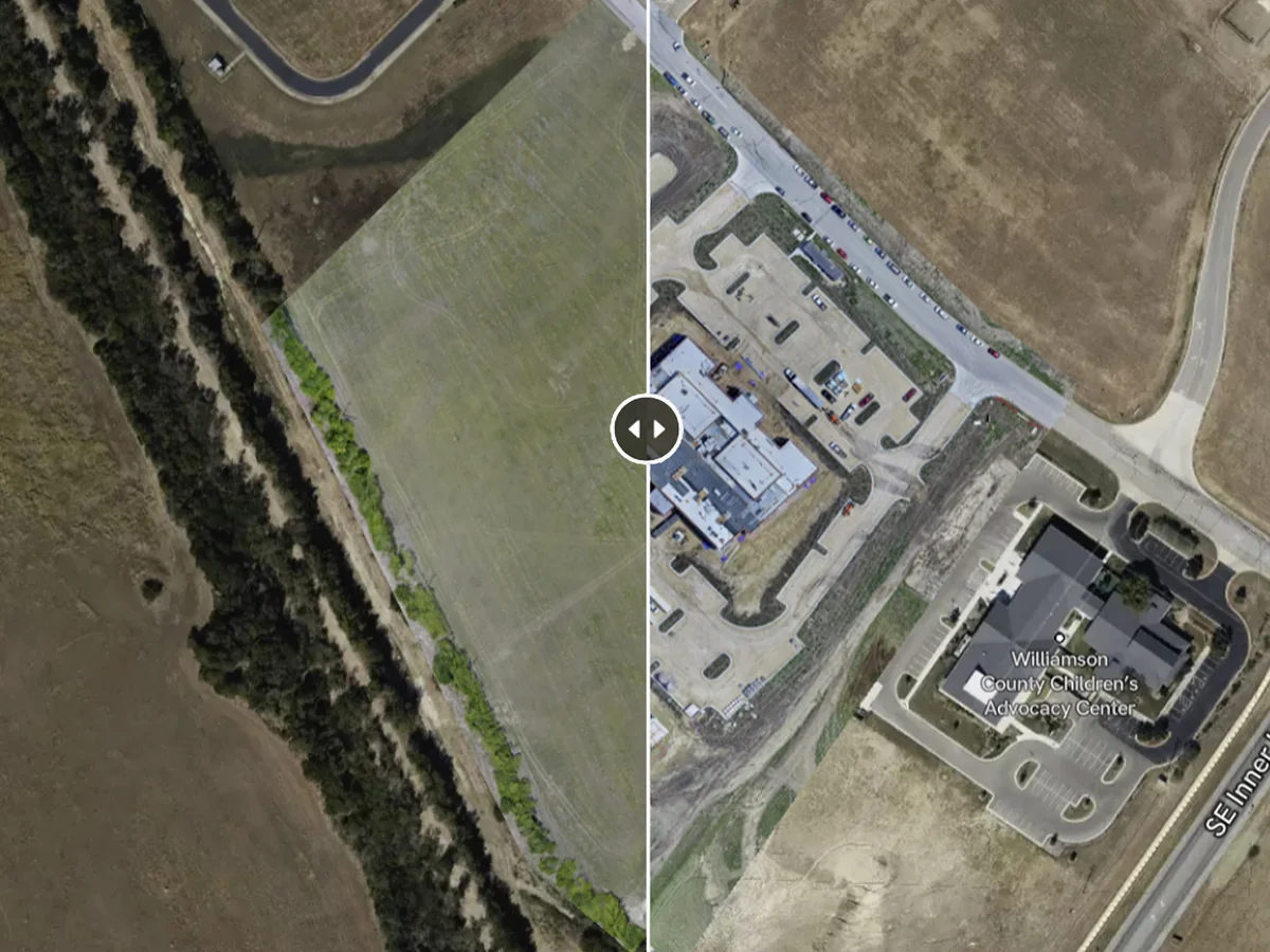 Drone data capture before and after site comparison showing construction progress tracking