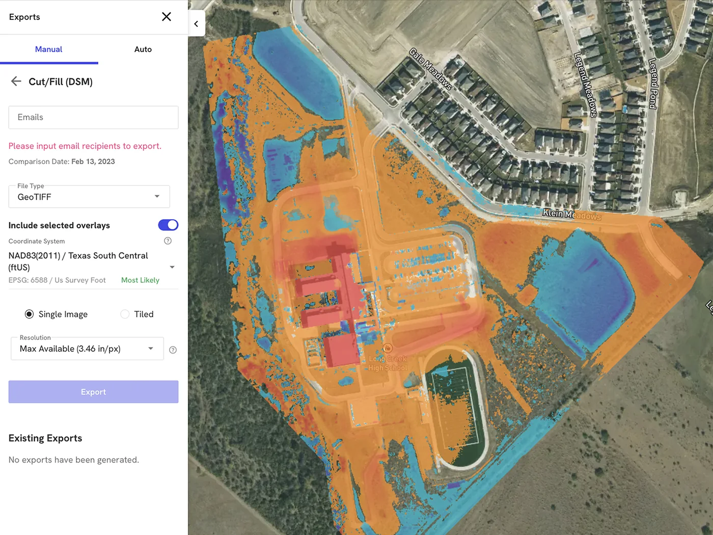 Hosted progress report drone mapping view for reviewing construction site history and mapping data